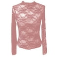 thumbnail image 4 of Bovemsi Women's Spring Solid Color High Collar Lace Ear Edge Slim Fit Long Sleeve Top, Pink Summer Women's Long Sleeve T-Shirts, S, 4 of 9