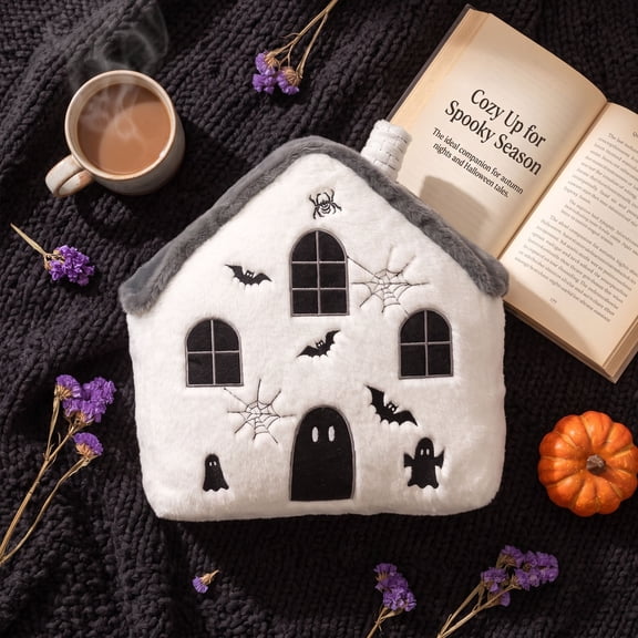 FeiBiQiuBi Halloween House Plush Pillow, 14" Haunted House Shaped Cushion With Ghost Bat Spider Web Design, Versatile Creative Fall Home Decoration for Sofa Bedroom Office & Gift
