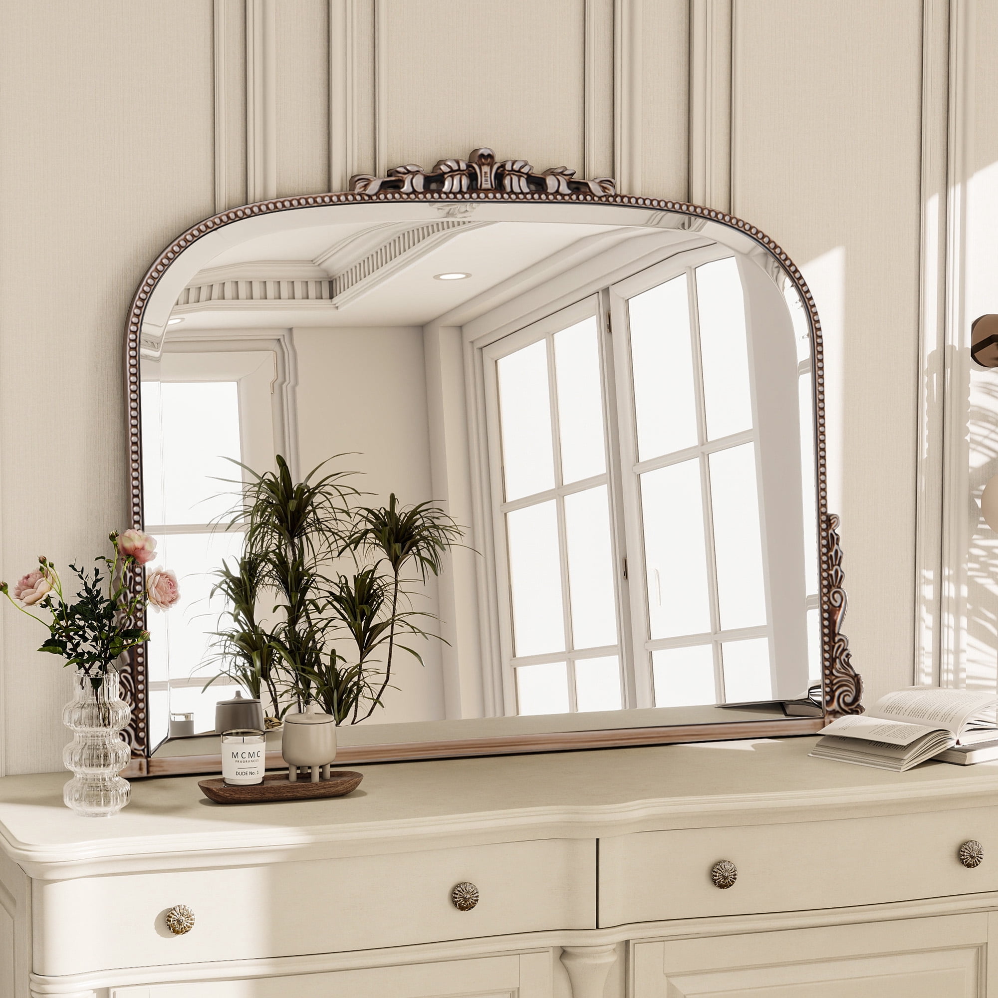 GRAHMCY 44"x 32" Bathroom Mirror Arched Vanity Mirror Decor Wall Mirror Vintage Mirror, Antique Silver