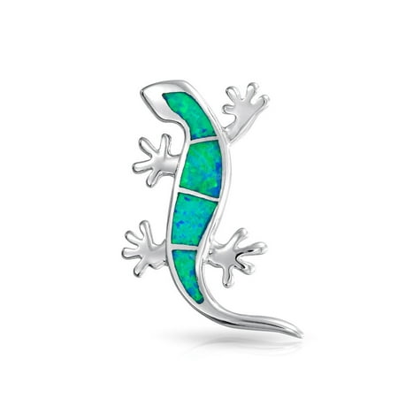 Plated Gecko - Synthetic Blue Opal Inlay Gecko Lizard Pendant Rhodium Plated Necklace 18 Inches