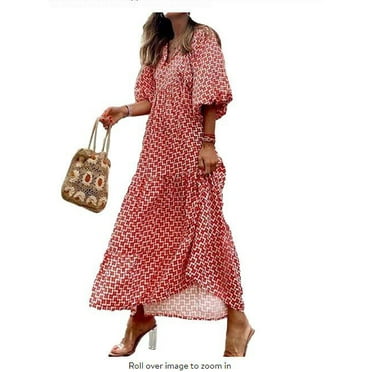 Women Casual Maxi Dress Bohemian Floral V Neck Puff Short Sleeve Beach Tiered Sundress Long Swing Dress