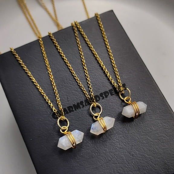 Rainbow Moonstone Pencil Necklace, 14K Gold Plated Jewelry, Tiny Jewelry, June Birthstone Giftss , Double Terminated Wire Wrapped Necklace