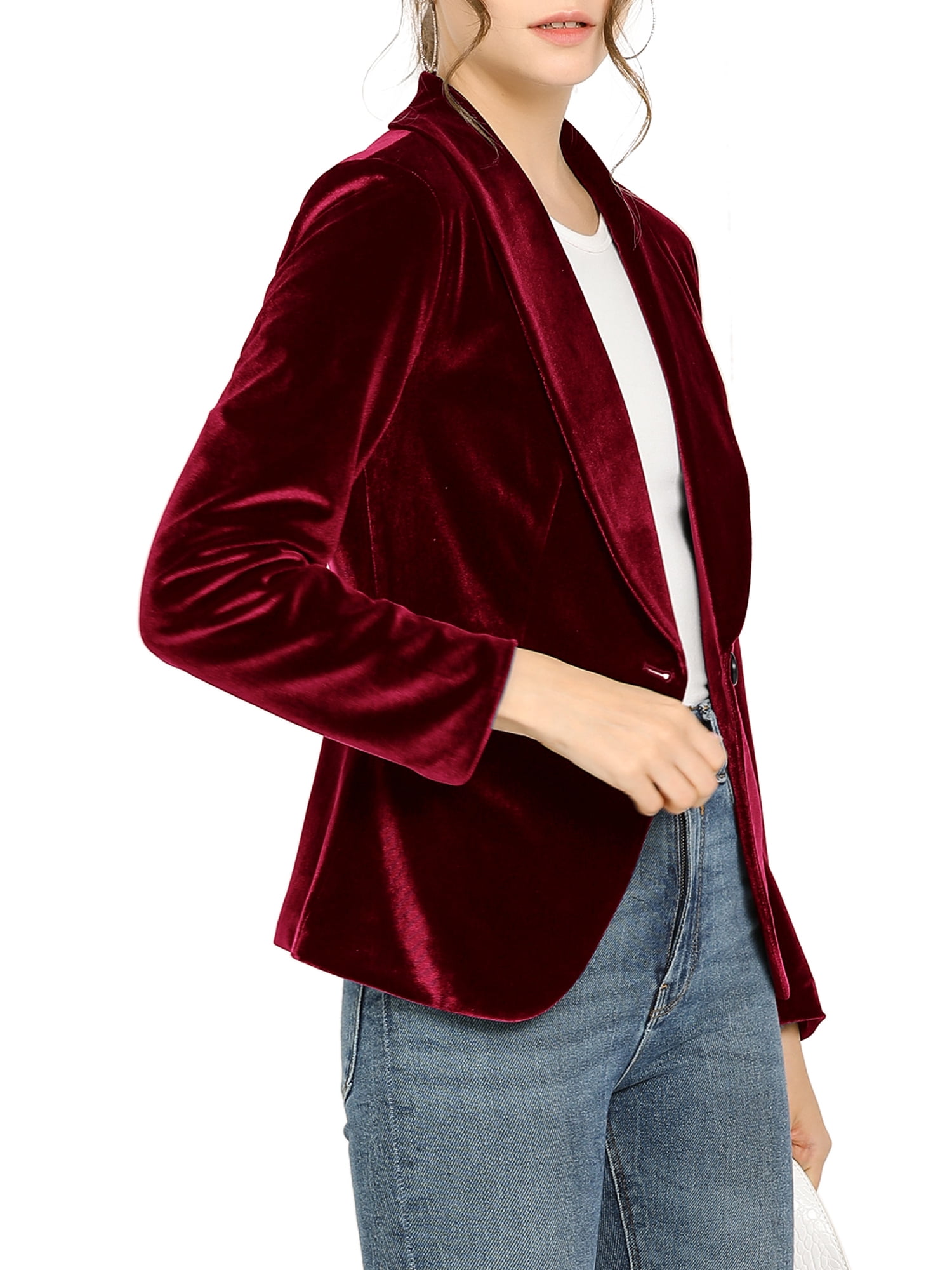 DARING DIVA Women's Velvet Office Coat Solid Shawl Collar Blazer L Wine Red