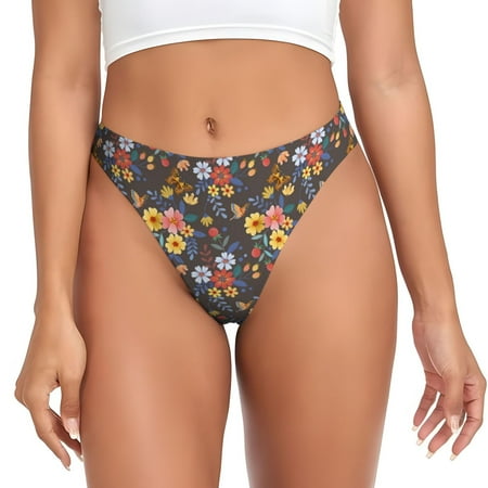 Qokaie Colorful Flowers with Butterfly Printed Women s Cotton Thong Underwear  Sexy Breathable Panties G-string -X-Large