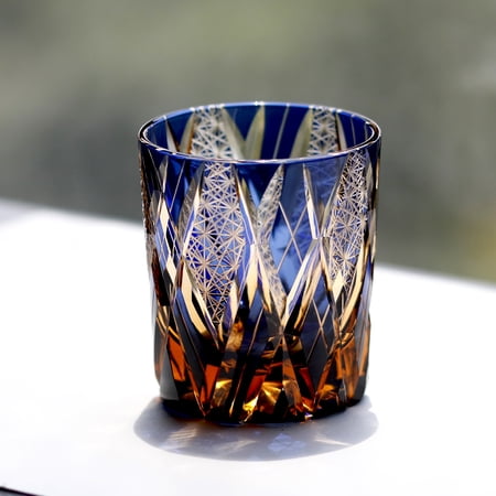 Edo Kiriko Crystal Whiskey Tumbler Blue Amber Hand Cut 8oz Rocks Glass for Bourbon