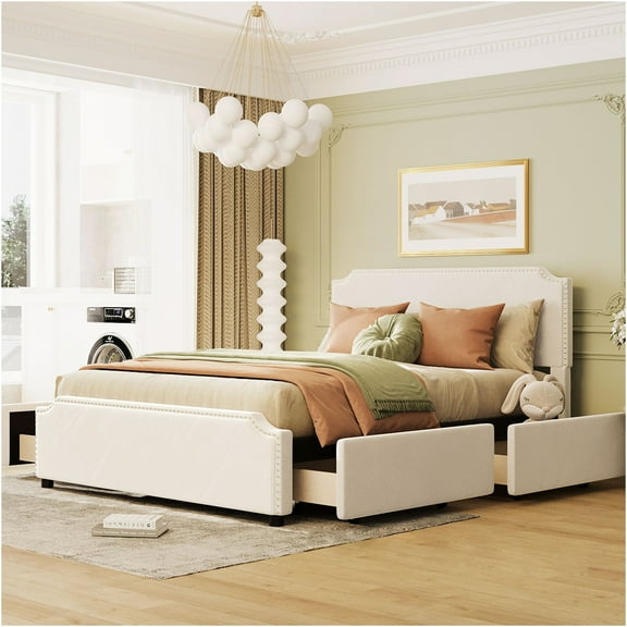 JERFIT Queen Upholstered Storage Bed with Headboard and Footboard, Velvet Fabric Platform Bed with 4 Drawers, No Box Spring Needed, Beige