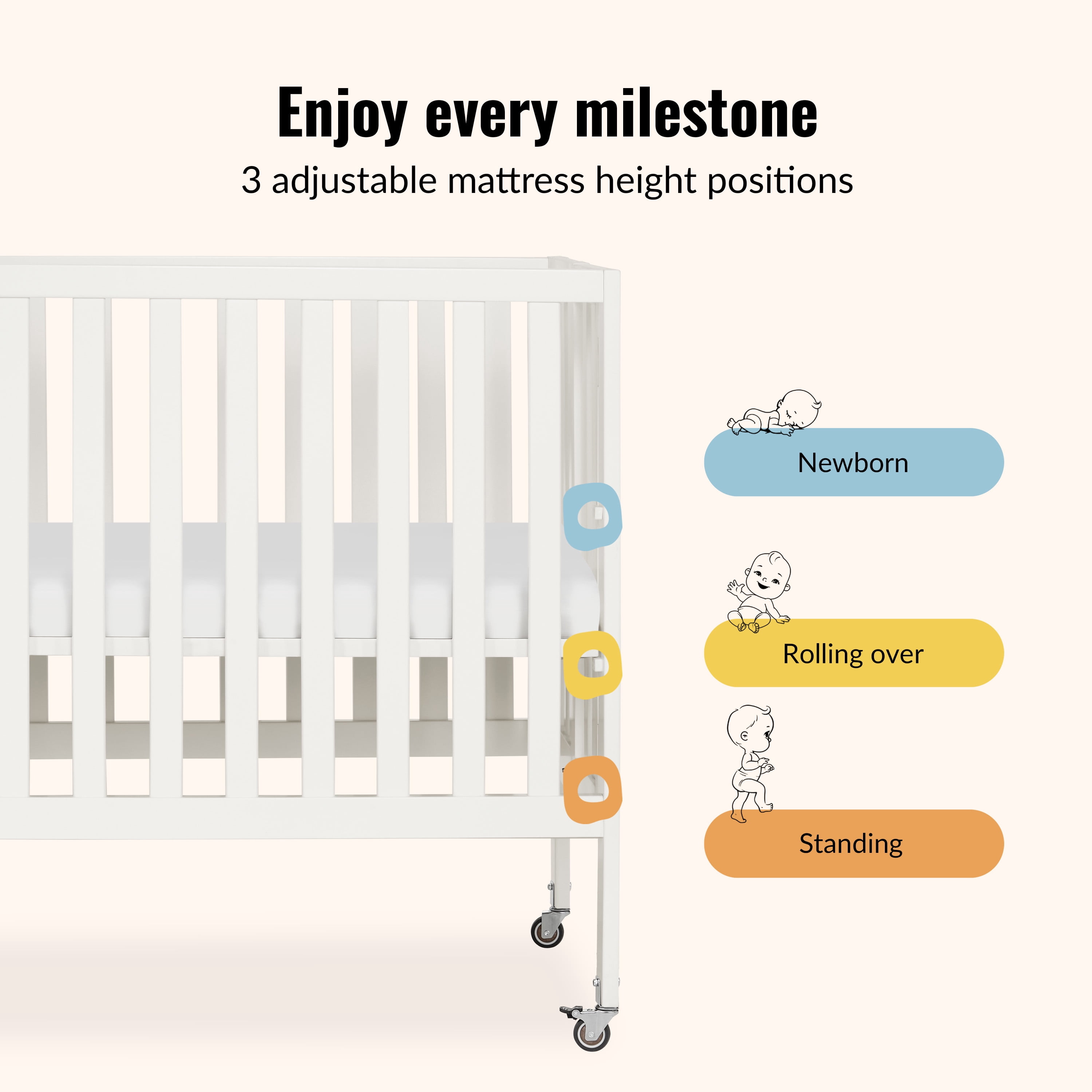 Dream On Me Jett Non-Full Size Folding Crib, Removable Wheels, Modern Nursey, Adjustable Mattress Support, Patent Folding System, Included 1.5” Mattress, Cannoli cream