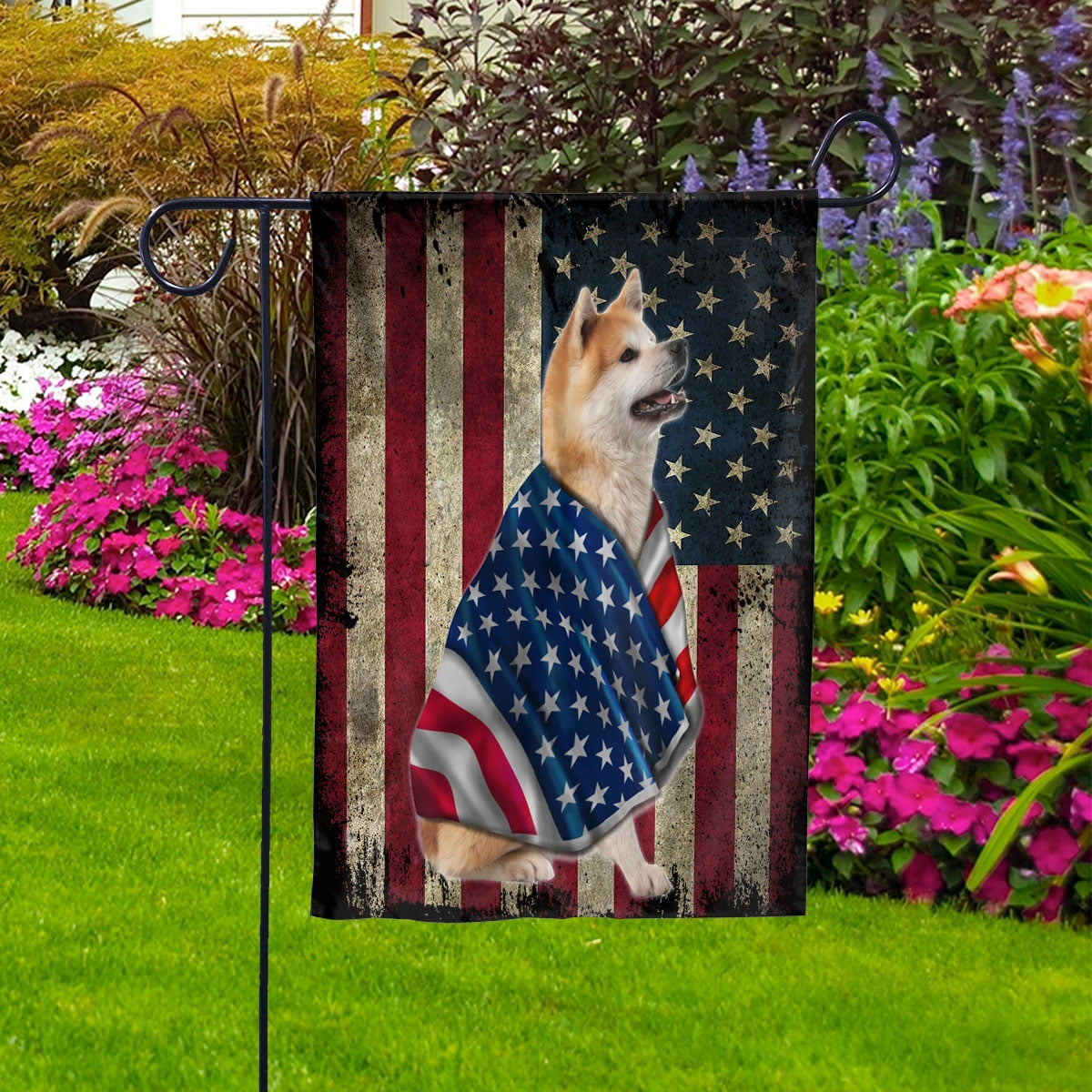 American Flag Akita Dog Wearing Flag American Patriot Patriotic 4th of july House Flag, Double-Sided Decorative Outdoor Flag, Patriotic Polyester Yard Flag 29.5 x 39.5 in