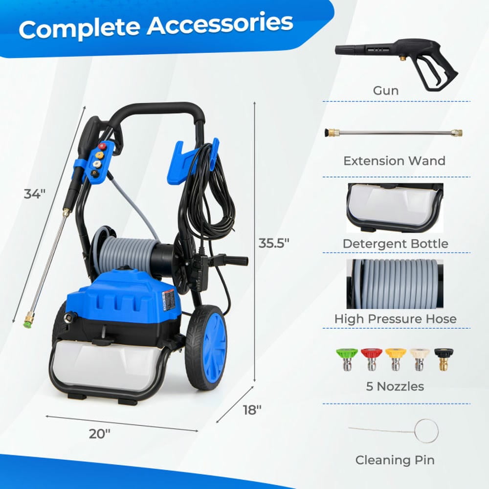 Aimee Lii 2300 PSI 1.8 GPM Electric Pressure Washer with Wheels and 5 Quick Connect Nozzles, High Quality-Blue