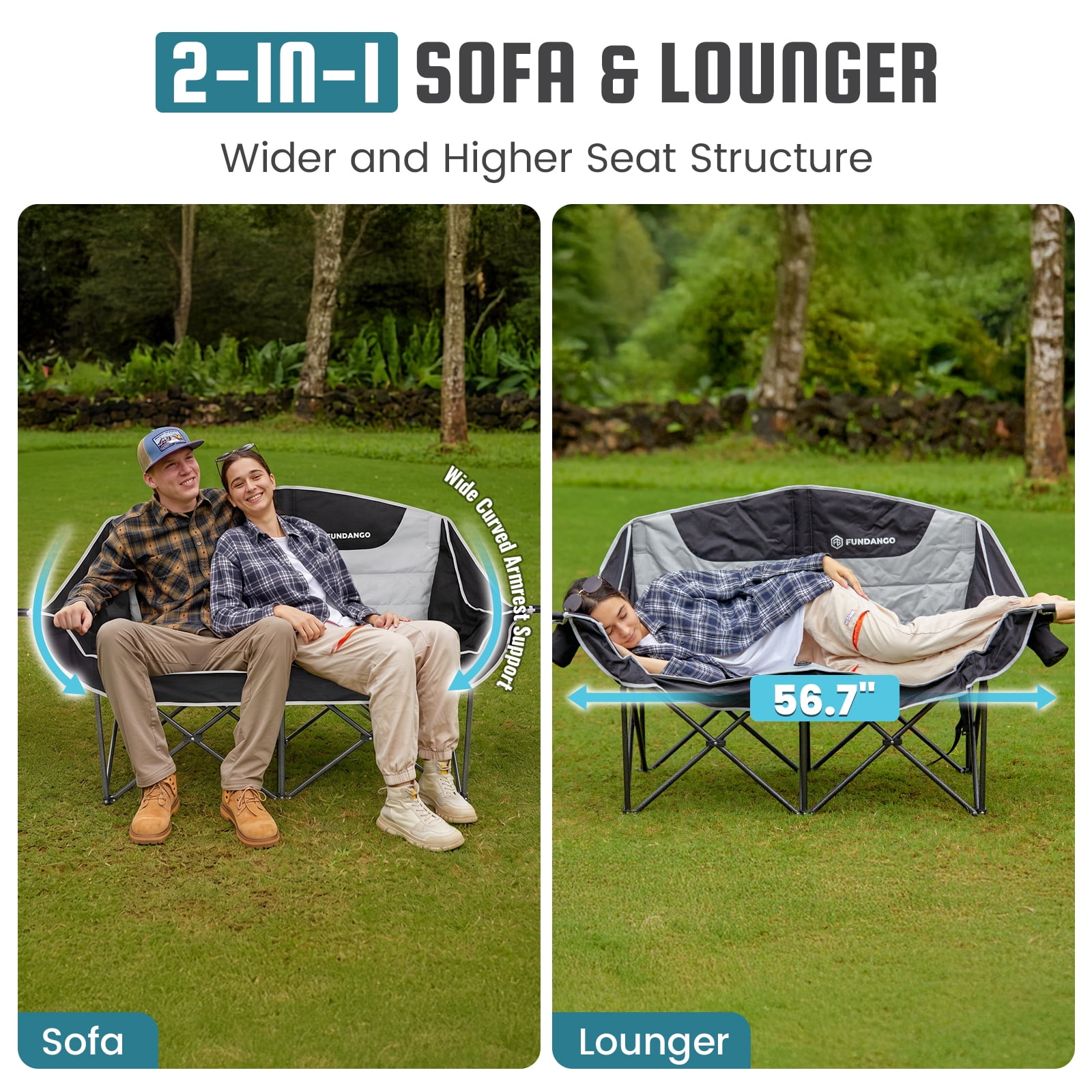FUNDANGO Oversized Fully Padded 2 Person Loveseat Chair, Folding Double Camping Chair for Adults, Heavy Duty Outdoor Loveseat Chair with Side Table, Portable Double Camping Couch, Black-Grey