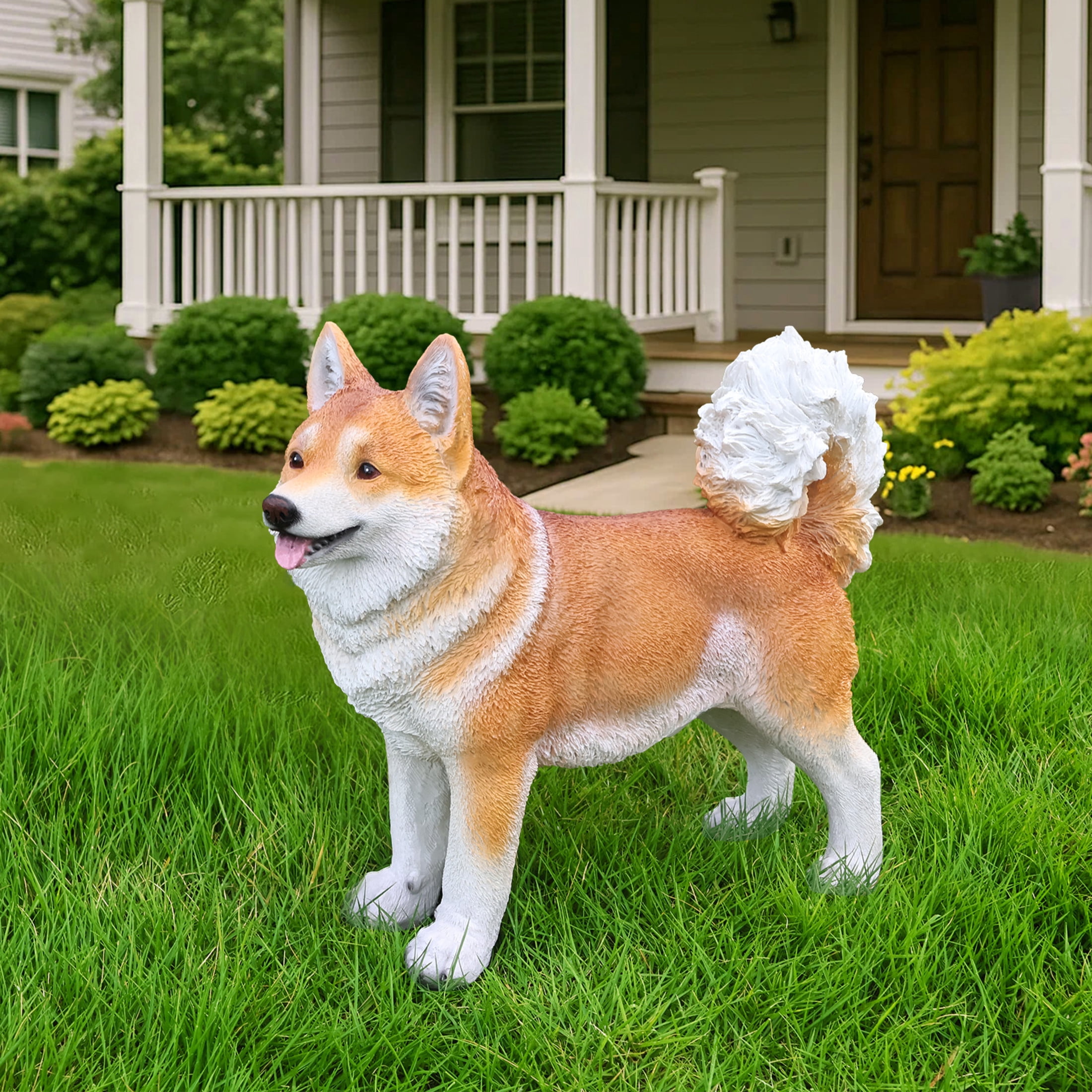 Noble House Lifelike Staning Shiba Inu Statue, Realistic Resin Animal Figurine for Outdoor Garden Decor, Brown White