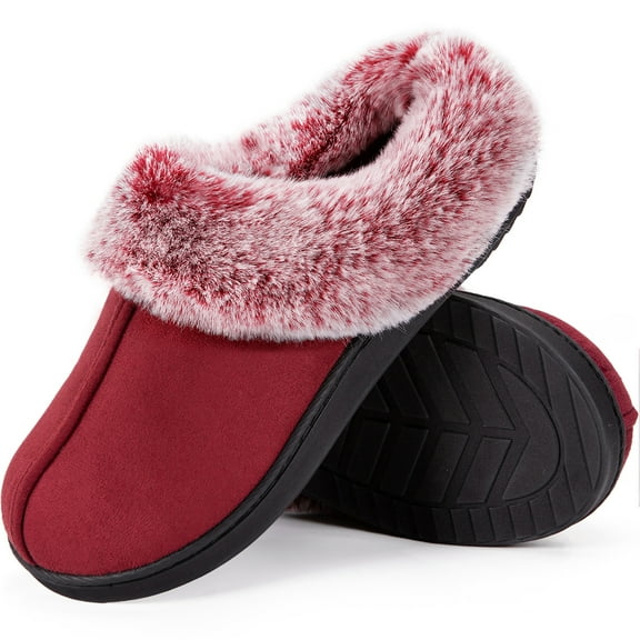 HomeTop Women's Classic Microsuede Memory Foam Slippers Durable Rubber Sole with Warm Faux Fur Collar