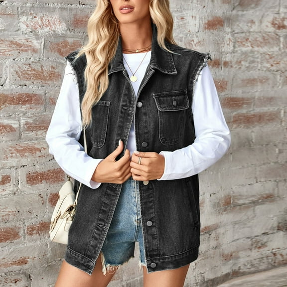 Frostluinai Oversized Denim Vests for Women Sleeveless Button Down Jean Tanks Lapel Collar Baggy Cardigan Jackets Vintage Denim Coats with Pocket