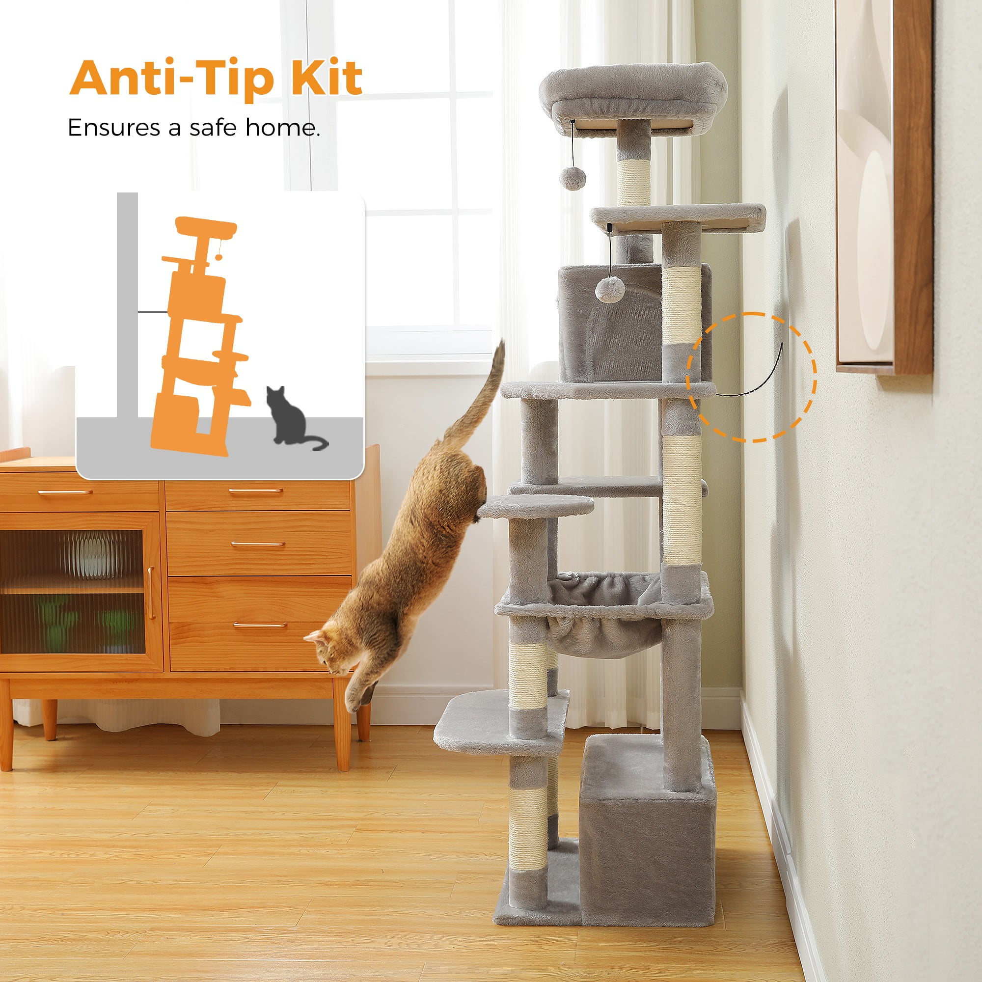 Kadyn 64" Modern Cat Tree Tower for Indoor Cats, Cat Condo with Sisal Scratching Post, Hammock and Top Perch, Gray