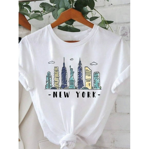 Women'S Casual Round-Neck Short-Sleeve T-Shirt with a New York Pattern Print for Spring And Summer.