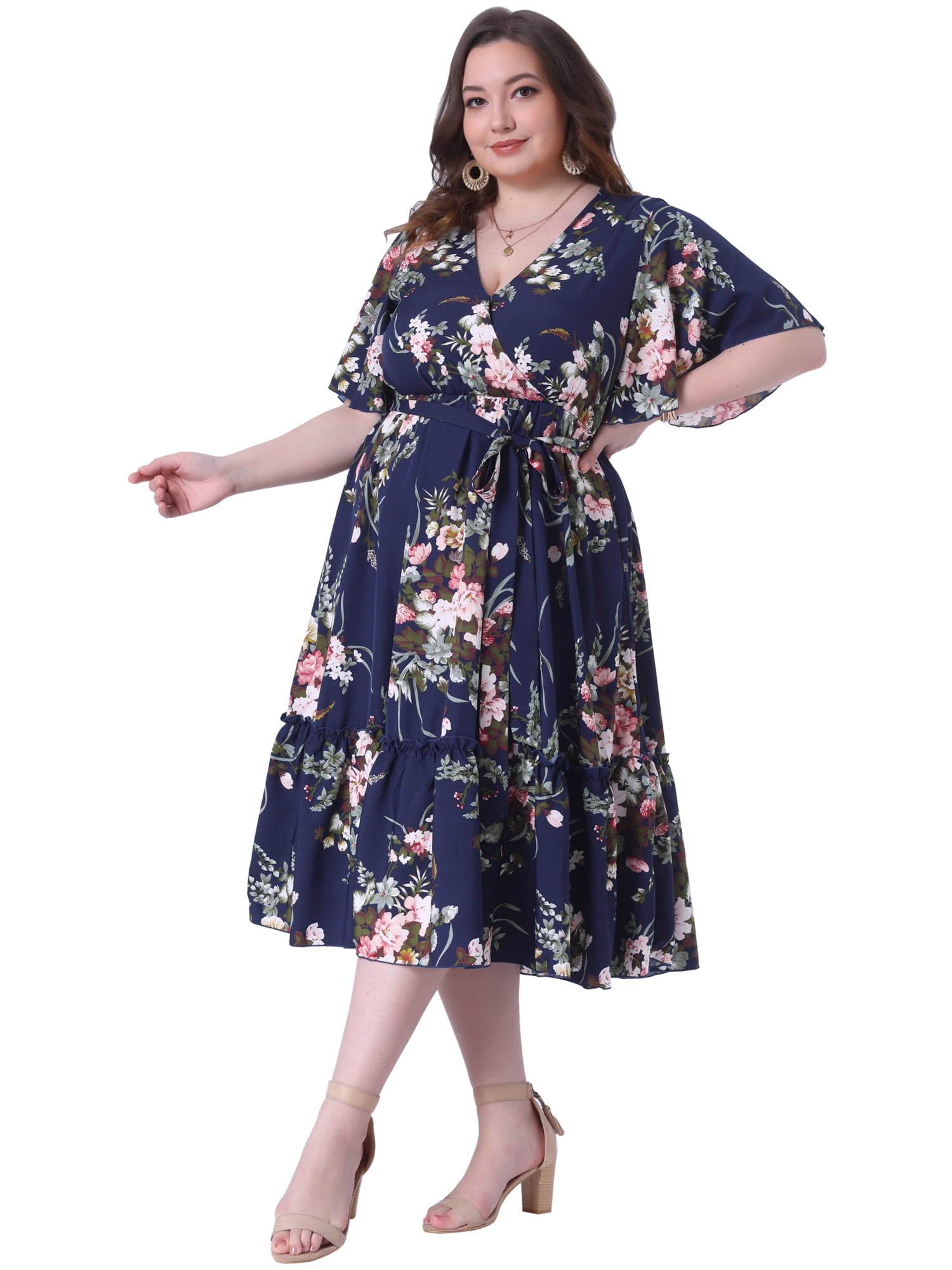 DARING DIVA Plus Size V Neck Wrap Maxi Ruffle Sleeves Belt Dress 3X Navy Blue