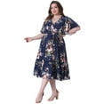 thumbnail image 3 of DARING DIVA Plus Size V Neck Wrap Maxi Ruffle Sleeves Belt Dress 1X Navy Blue, 3 of 5
