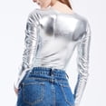 thumbnail image 3 of Women Faux Leather Shiny Wetlook Crop Top Long Sleeve V-neck Top Dance Clubwear, 3 of 11