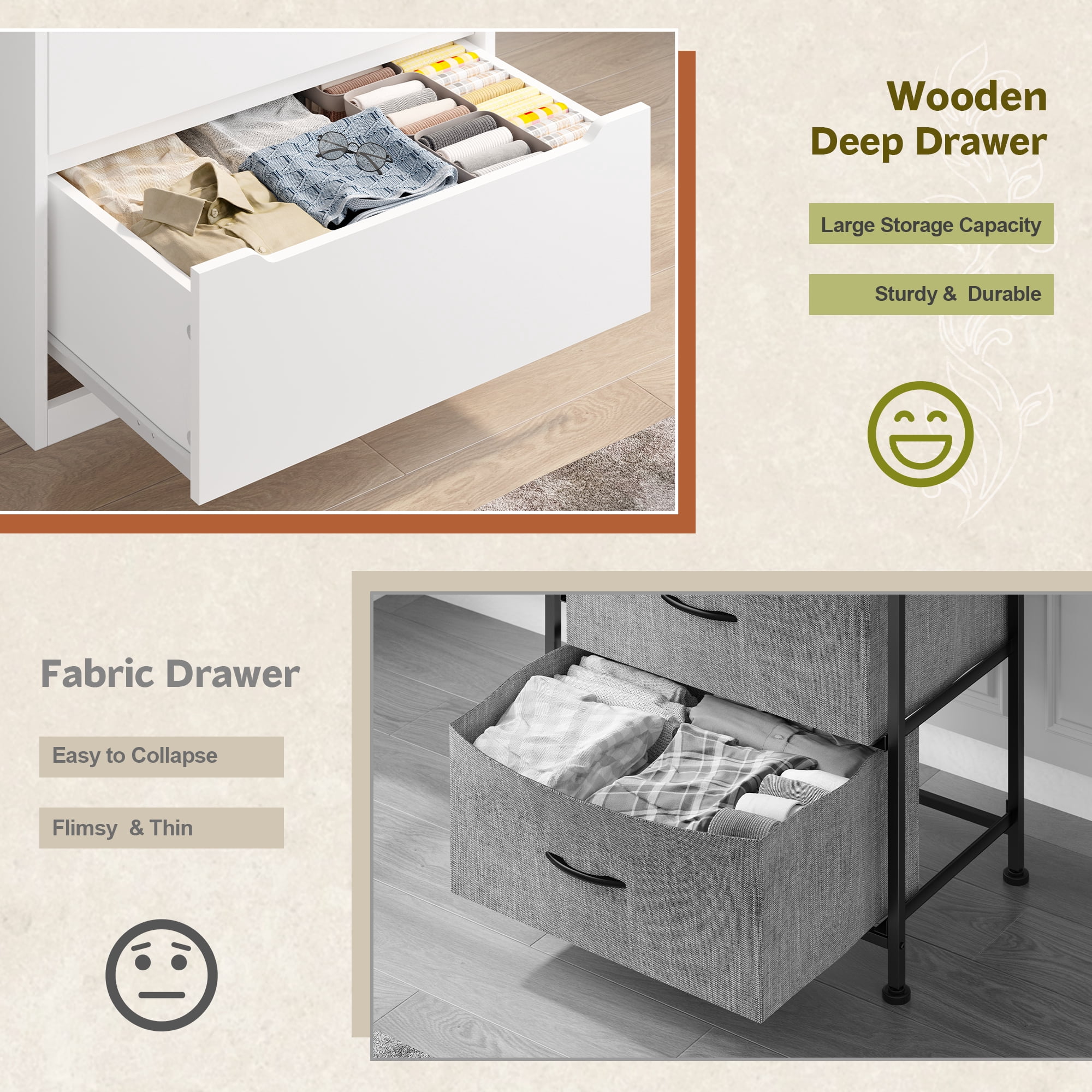 6 Drawer Dresser for Bedroom,Tall Dresser With Deep Drawers,White Wood Chest of Drawers for Bedroom,Hallway,Living Room,Smooth Metal Rail,Modern,43.2"H X 27.6"W X15.6"D