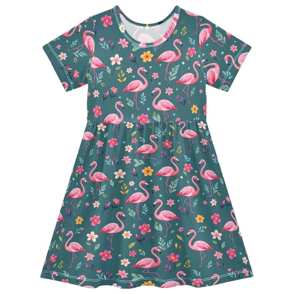 joogoo Flowers Flamingo Leaves Girls' Short Sleeve Dress Kids Dresses 5-6T
