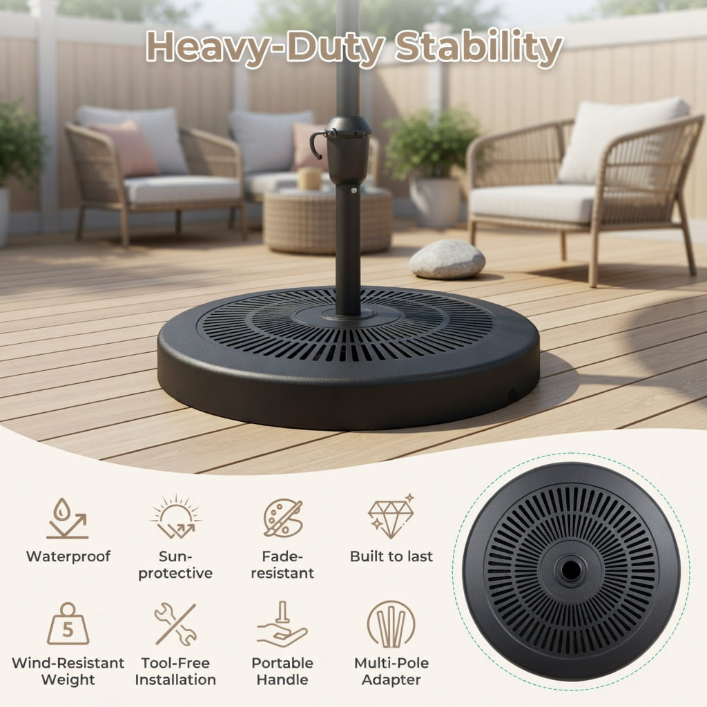 Resenkos Umbrella Base for Patio, Umbrella Stand Outdoor Base,Patio Umbrella Table Tray Adjustable with Storage and Umbrella Poles-Black