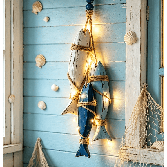 Lighted Wooden Fish & Starfish Wall Decor – Beachy Wall Decor with Warm LEDs, Coastal Nautical Hanging Decor for Bathroom, Porch & Beach House,With lights(Fish)