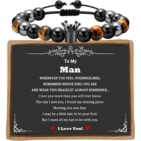 DESIGNICE Adjustable Triple Protection Bracelet for Men, Natural Tiger Eye & Obsidian Beads with Crown, Meaningful Gift for Dad, Husband, Boyfriend