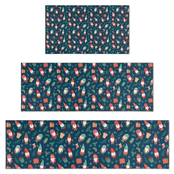 Dark Blue Christmas Gnome and Gift Pattern Kitchen Rugs Sets Of 3,Kitchen Runner Rugs Non Skid Washable,Decorative Kitchen Floor Mats for Kitchen,Sink,Laundry,17"x30" 17"x47" 17"x59"