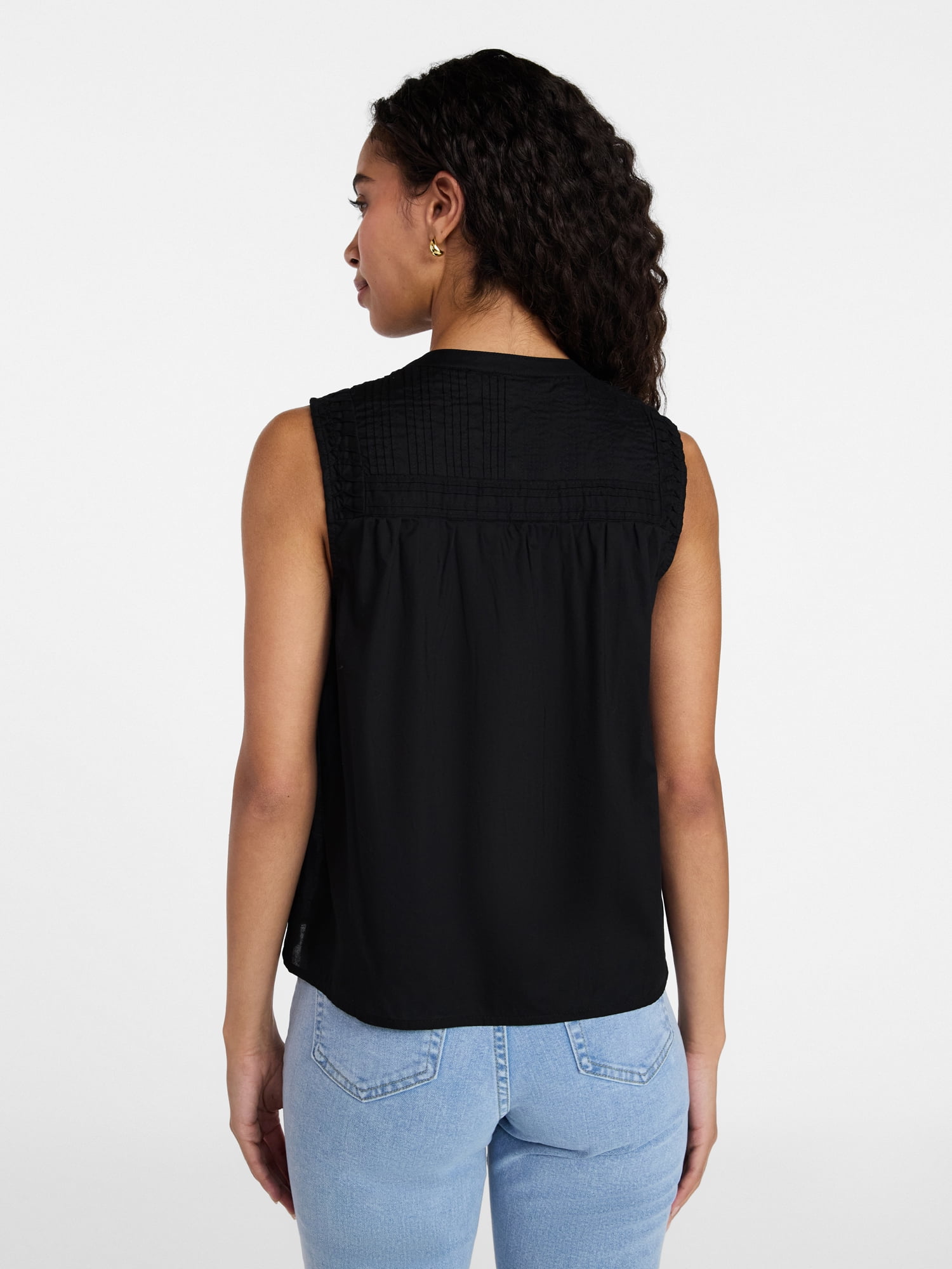 Time and Tru Women's Cotton Sleeveless Pleated Top, Sizes XS-XXXL