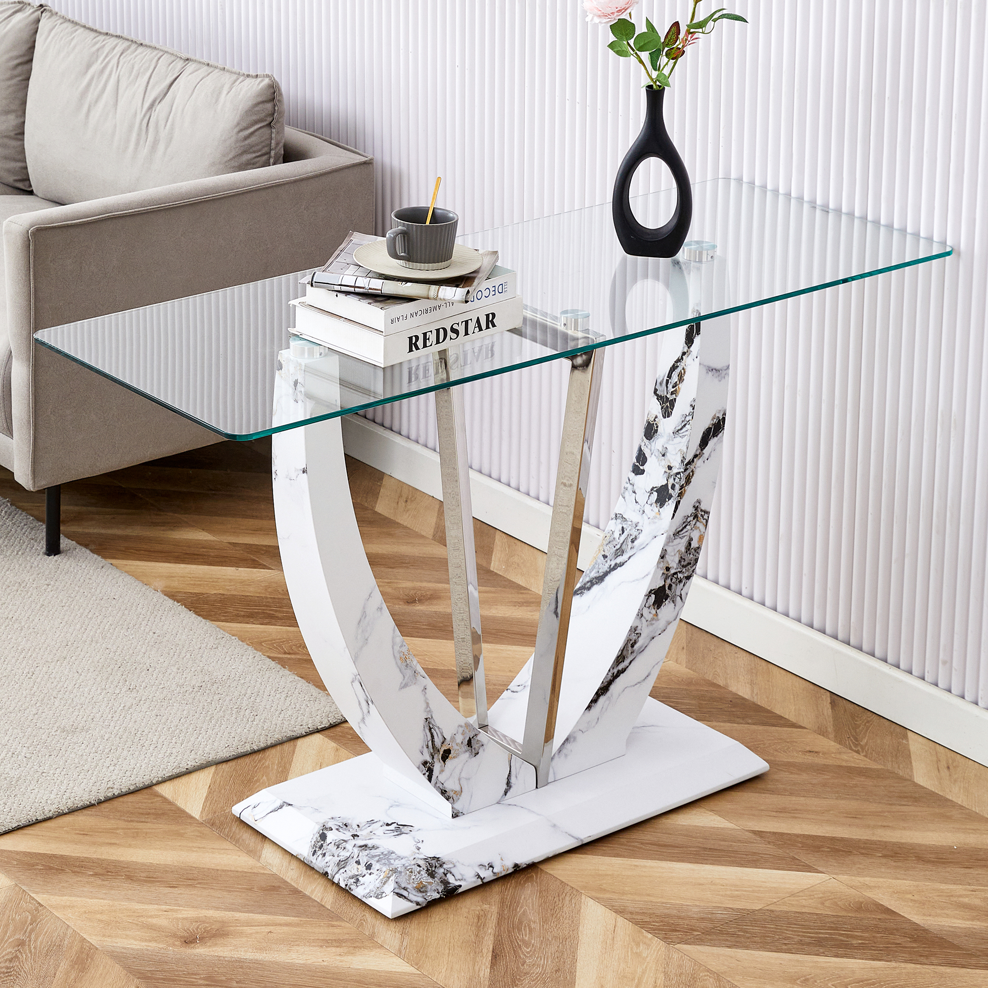 Modern Entryway Table, Glass Entrance Sofa Table with Oval Frames and White Marbling MDF Base, Tempered Glass Console Table for Living Room, Entryway, Hallway, Bedroom (White Marbling, Clear Glass)