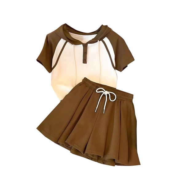 Fesfesfes Girls' Solid Color Summer Sports Suit Medium Large Kids Top and Skirt Set,Casual Elastic Waist 2 Piece Outfits for School or Play(Coffee,4 Years)