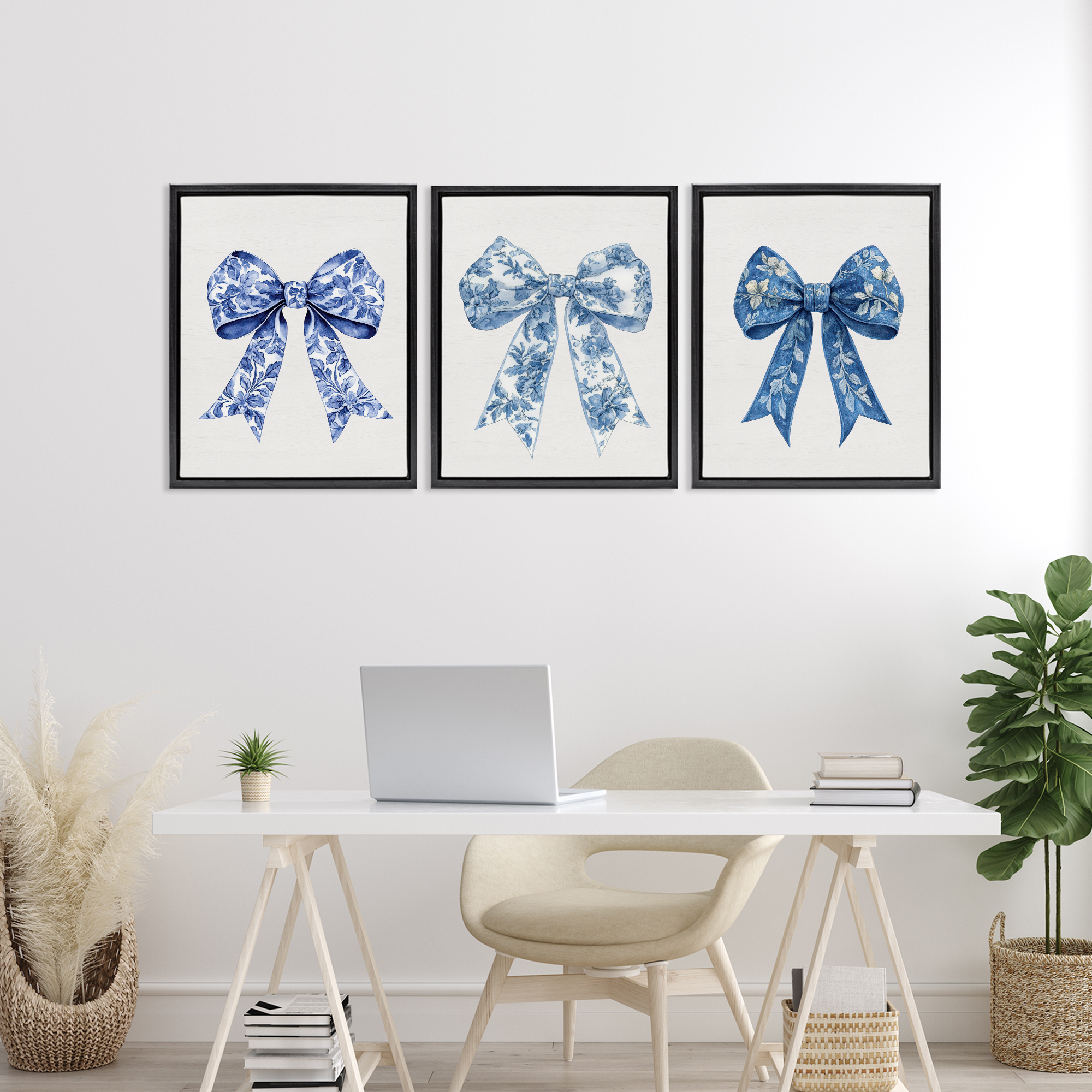 Vintage Toile Pattern Bows 3 Piece Black Framed Floater Canvas Set, design by Lettered and Lined