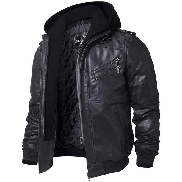 Mens Brown Real Leather Jacket with Removable Hood (Large, Black ...