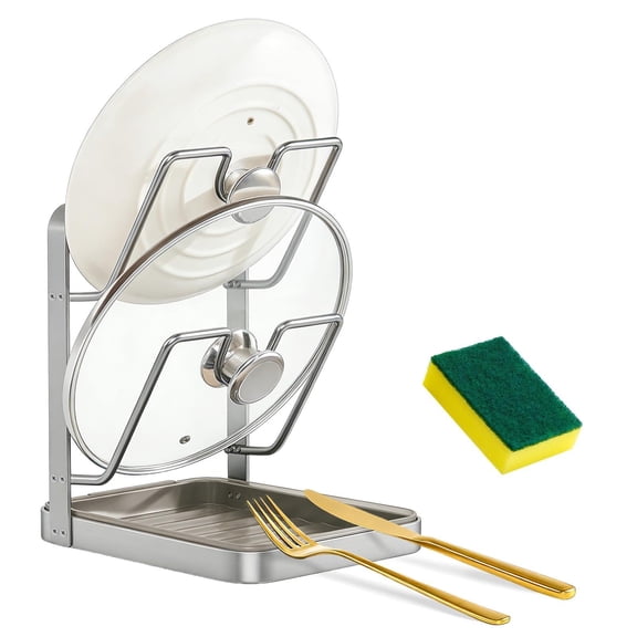 SLUMLOVE 2-Tier Kitchen Pot Lid Storage Rack with Removable Drip Tray, Multifunctional Stainless Steel Lid Holder & Spoon Rest While Cooking, Countertop Organizer