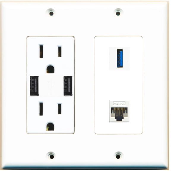 Ultra Spec Cables 1 Port USB 3.0 A-A Cat5e Ethernet Wall Plate w/2 USB Charger Power Outlet