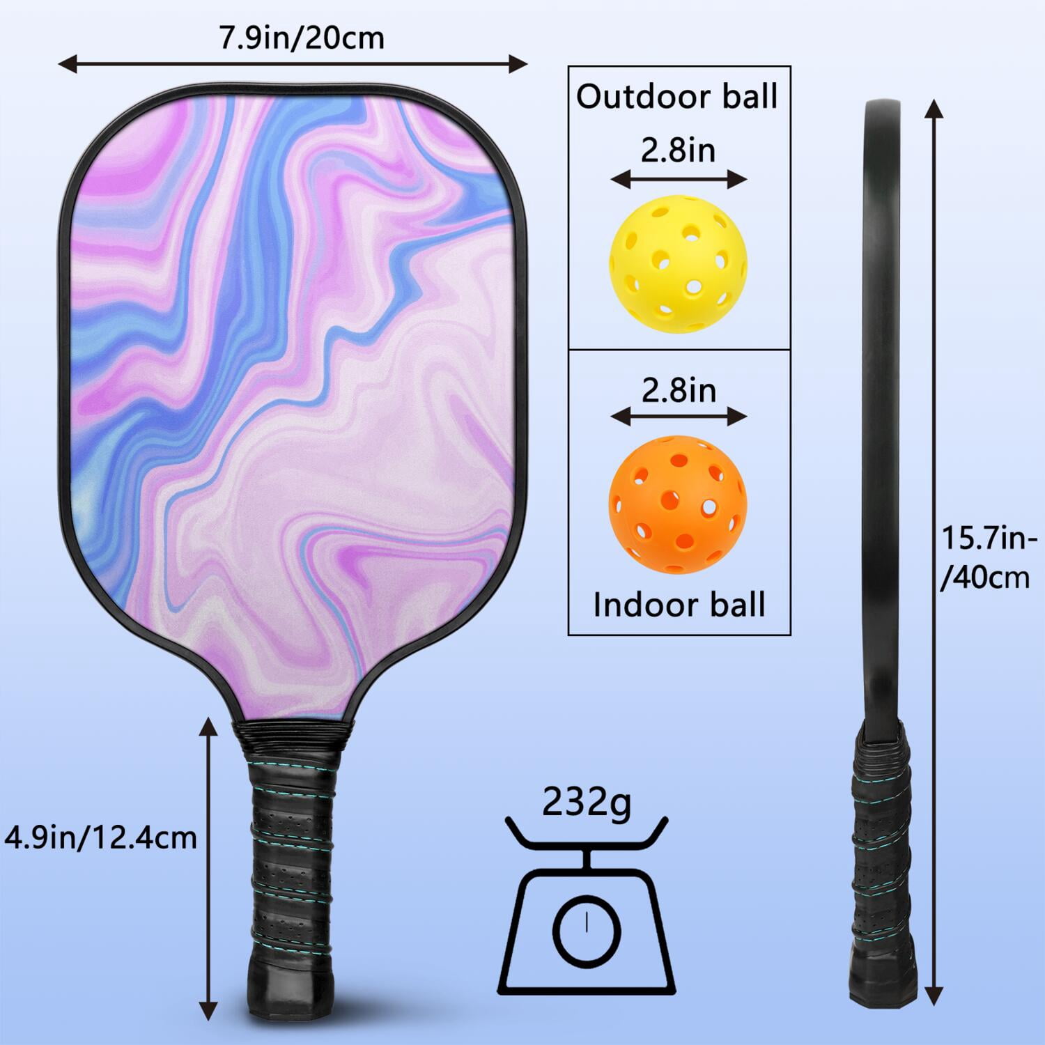 Pickleball Paddles Set Of 2, Fiberglass Surface, Liquid & Marble Print, 4 Balls & Bag