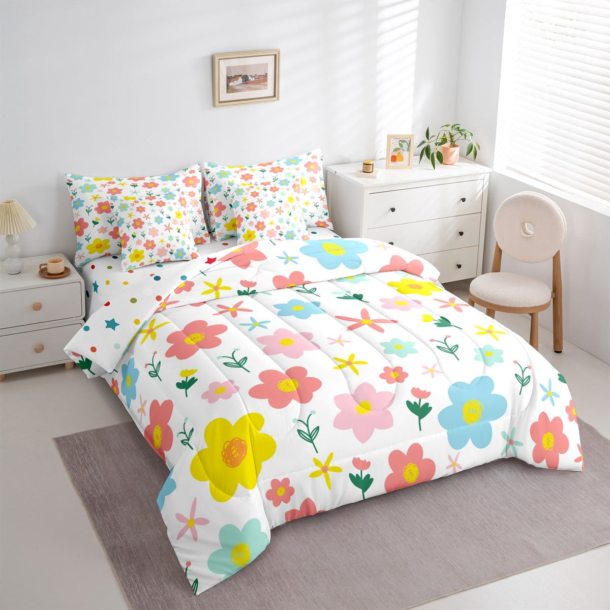 jejeloiu Kawaii Floral Daisy Bedding Comforter Set 7 Pieces,Botanical Flower Leaves Full Bedding Set,White Pink Yellow Fitted Sheet Flat Sheet For Girls,Breathable Bedroom Decor Reversible