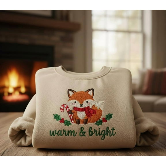 Warm & Bright Embroidered Fox Christmas Sweatshirt, Cozy Woodland Holiday Sweater, Cute Winter Animal Pullover, Festive Gift Top