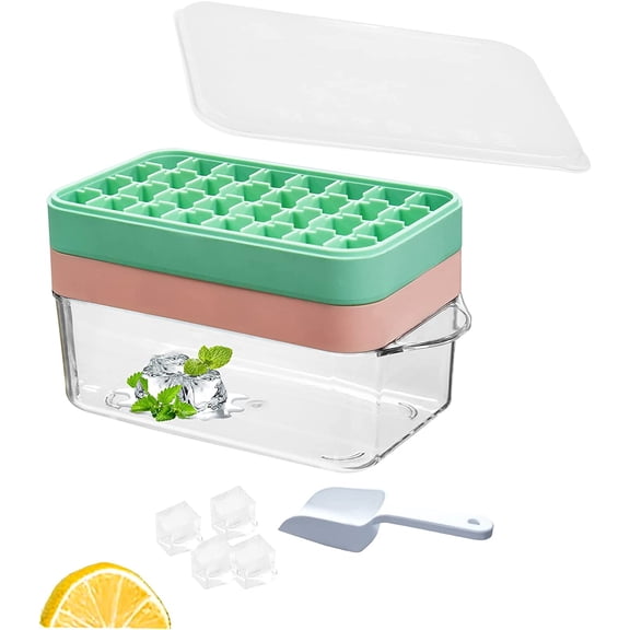 Double -laye Silicone Ice Cube Tray With Lid and Bin Ice Container,with Scoop and Cover,Homemade Juice,Chilled Drink (Green/Pink)