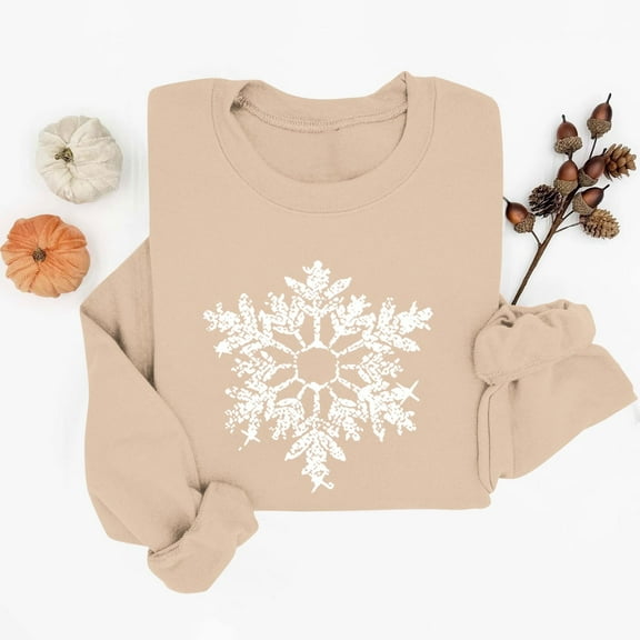 HOMBOM Womens Christmas Sweatshirts Merry Athletic Beige Pullover Crewneck Snowflake Xmas Sweatshirt for Adult