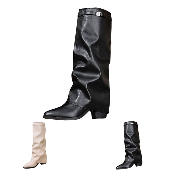 RotHome Women Knee High Boots Wide Calf Chunky High Heel Pointed Toe Fashion Fold Over Boots for Women Pull On Trendy Fall Winter Tall Boots