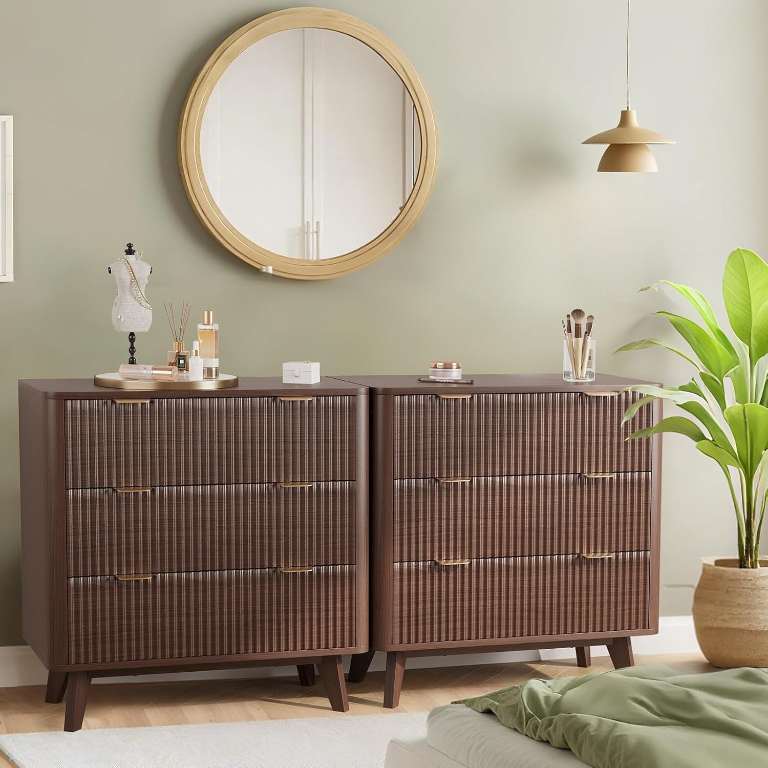 Garvee Farmhouse Nightstand for Living Room, 32" x 15.7" x 32", with 3 Drawers, Walnut Color