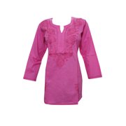 Mogul Womans Tunic Cotton Indian Pink Floral Embroidered Kurta  Top Blouse