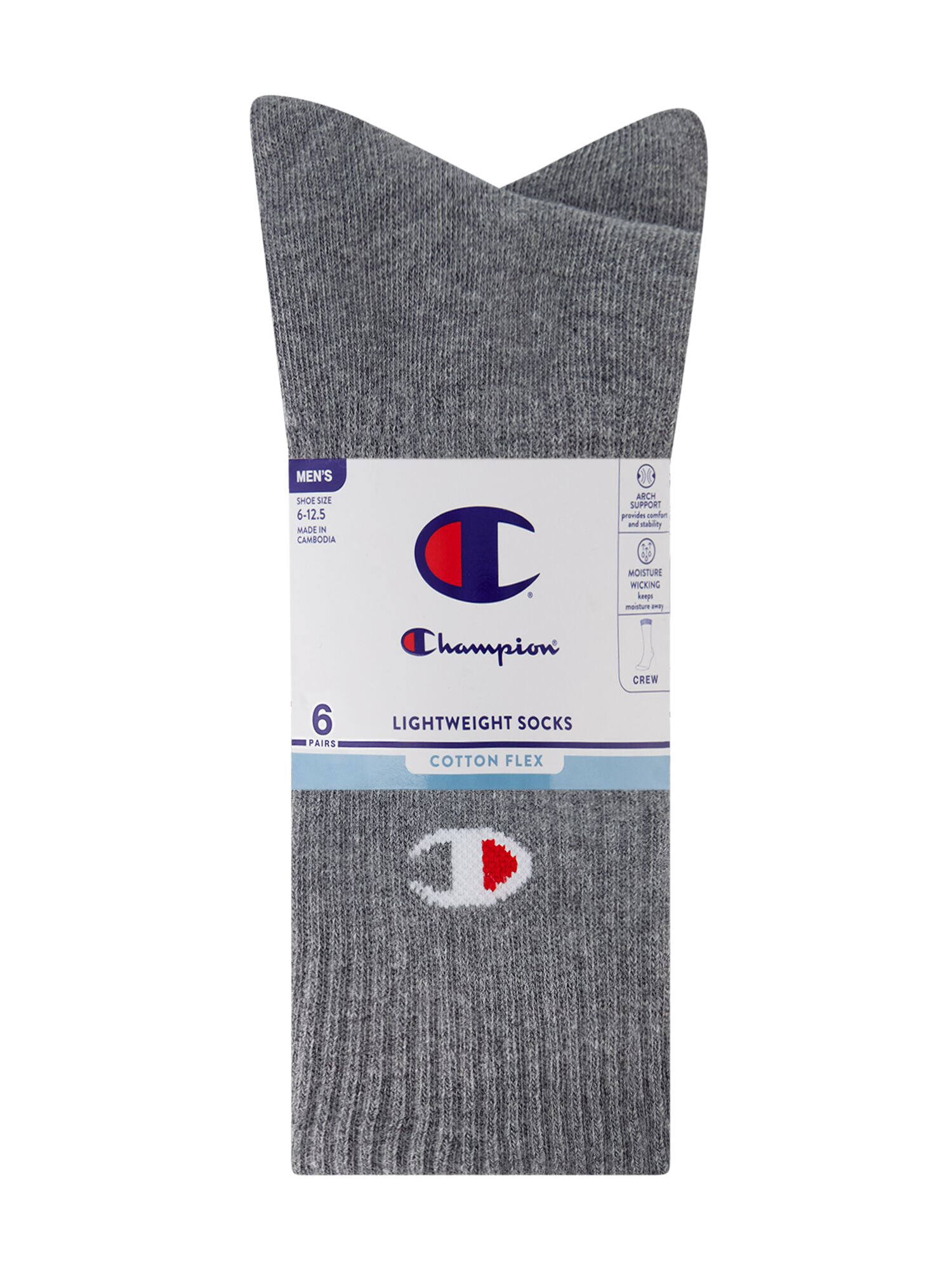 Champion Men’s Lightweight Crew Socks 6 Pack, Moisture-Wicking, Arch Support, Stretch Comfort, Sizes 6–12.5