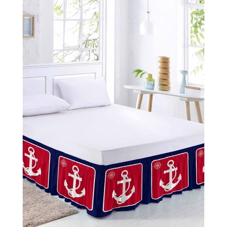 Anchor Bed Skirt Queen Size 18 Inch Drop, Compass Nautical Navy Blue Red Adjustable Elastic Dust Ruffles Bedskirt for Queen Bed Wrap Around Pleated Mattress Frame Cover