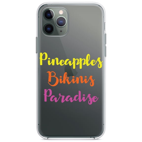 DistinctInk Clear Shockproof Hybrid Case for iPhone 13 Pro MAX (6.7" Screen) - TPU Bumper Acrylic Back Tempered Glass Screen Protector - Pineapples Bikinis Paradise