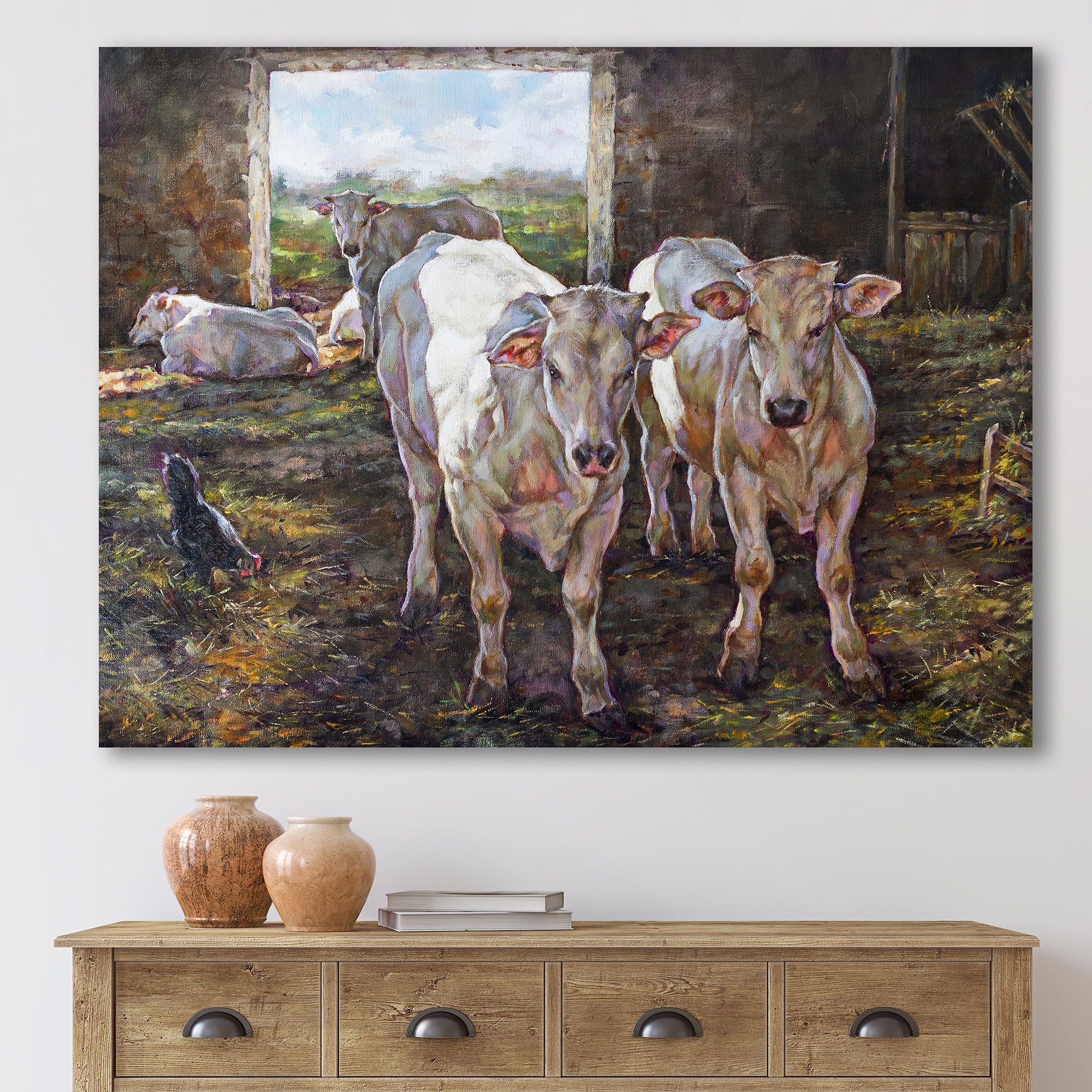 Designart ' The Cows In The Stable In Countryside ' Farmhouse Canvas Wall Art Print