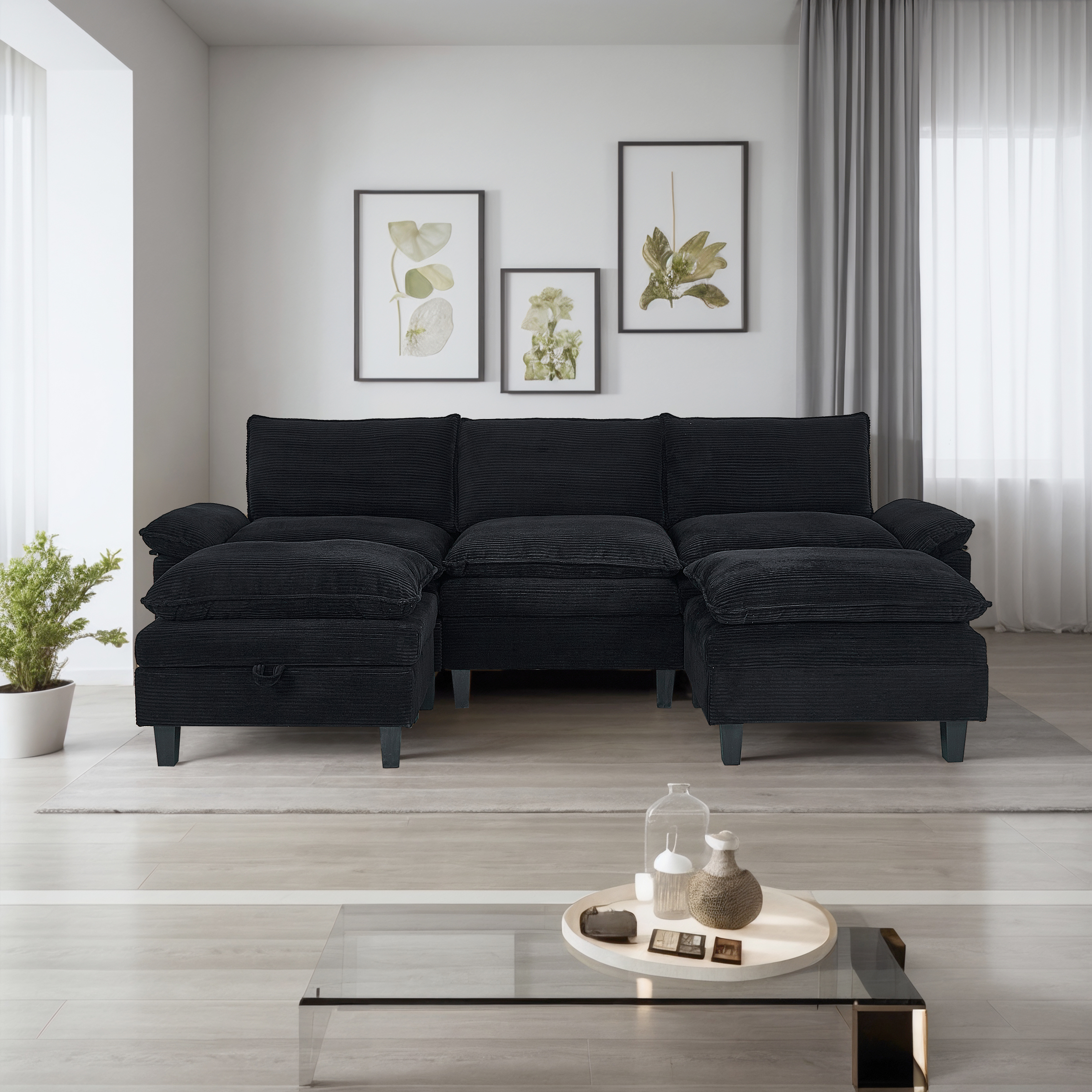 Gewnee Modular Sectional Sofa with Movable Storage Ottomans, U Shaped Cloud Couch for Living Room, 3-Seat
