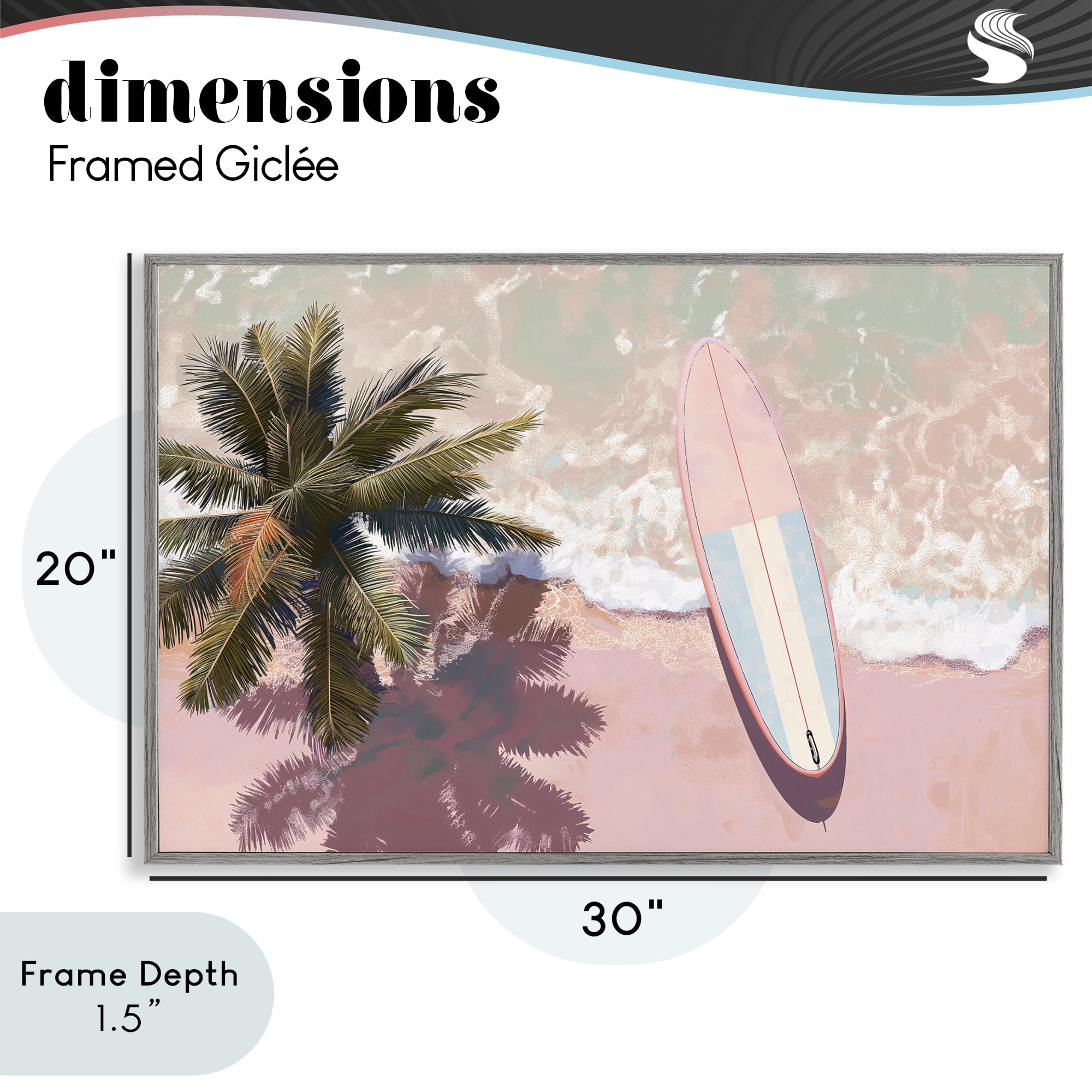 Stupell Industries Blush Pink Surfboard & Palm Gray Framed Giclee Art, design by Jacky Ngan