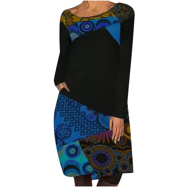 Moda mujer verano Vintage Retro Casual manga larga cuello redondo Patchwork vestido estampado Fridja NMB320